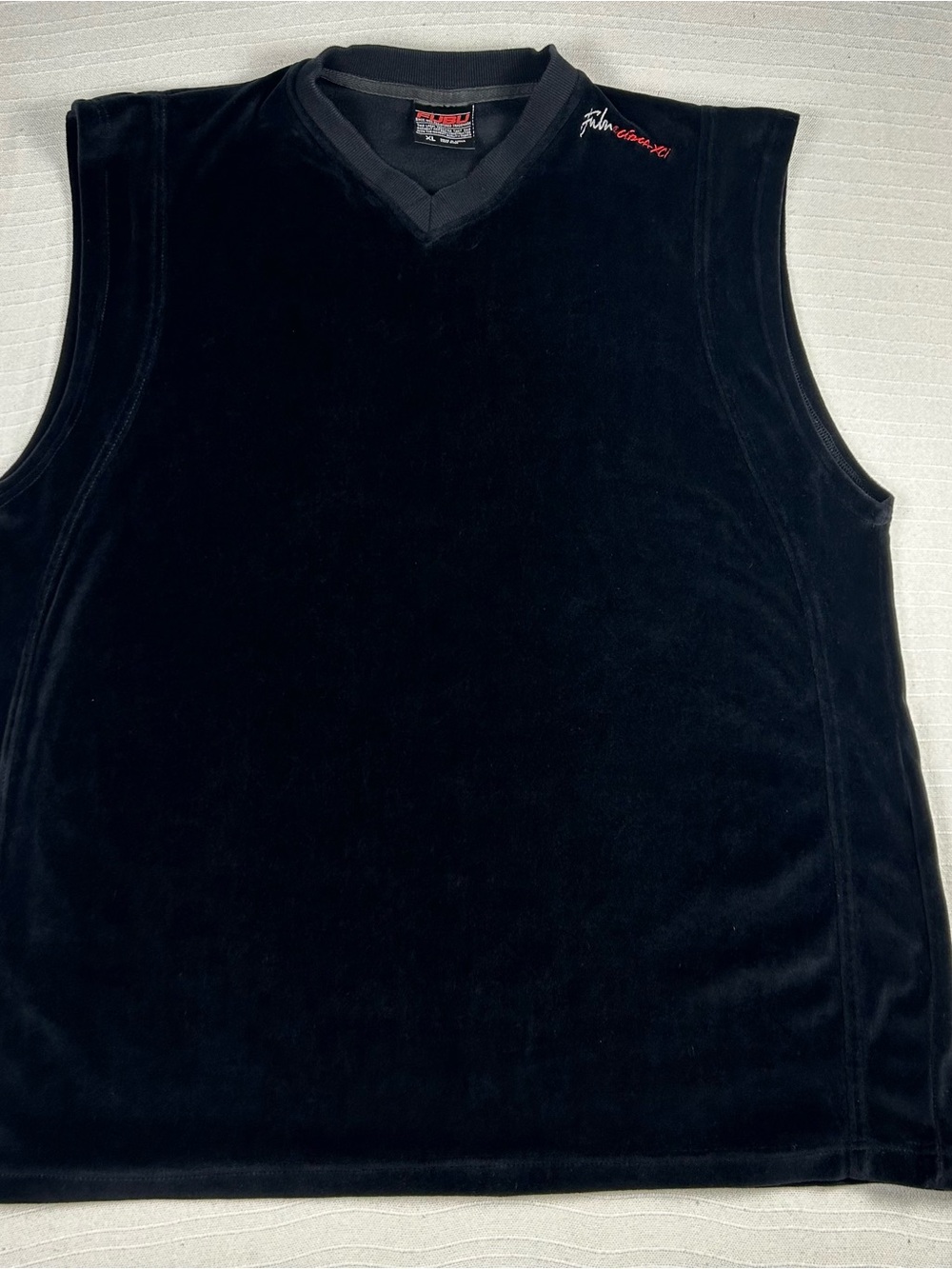 Vintage FUBU Velour Vest Shirt Black V-Neck Sleeveless Embroidered XL 90s Y2K